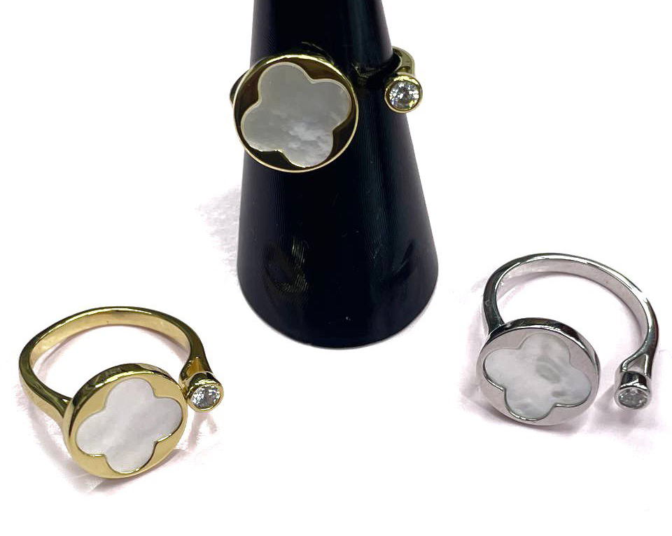 Кольцо безразмерное цвет серебро и золото вставка фианит и натуральный перламутр